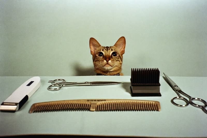 Grooming scissors, comb, brush and clippers laid out neatly